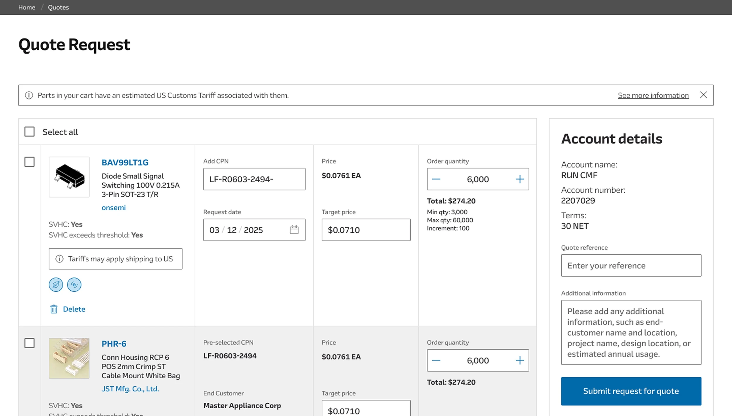 Arrow Electronics Quote Request screen showing per-item rows with CPN, price, target price, order quantity fields, and an Account details panel on the right.