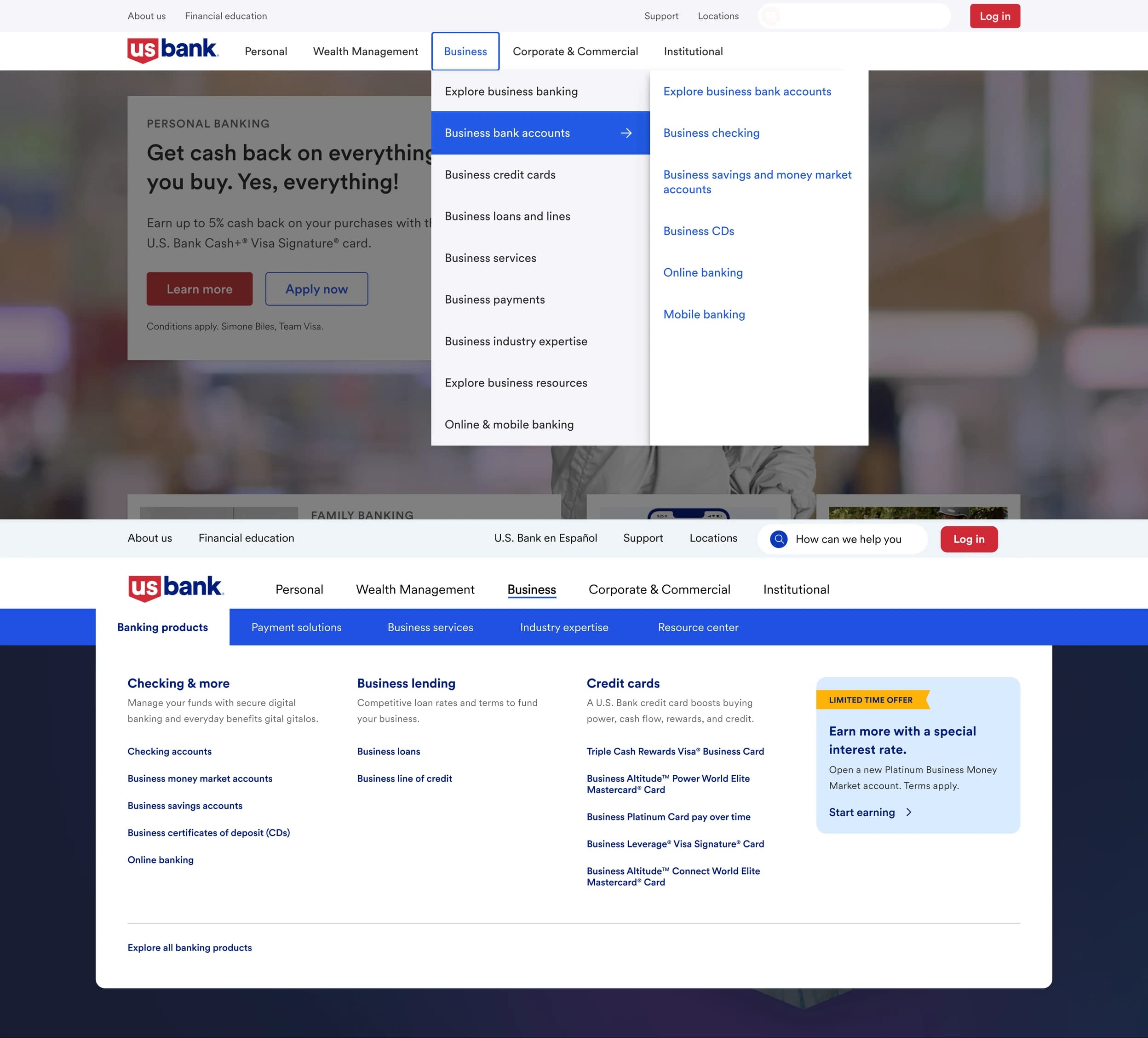 Top: the legacy U.S. Bank Business Banking navigation as a two-pane fly-out. Bottom: the redesigned navigation with horizontal subsection tabs, three parallel product columns, and the featured-offer panel at right.